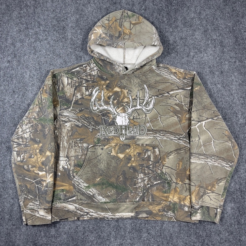 Camo Realtree Hoodie Mens Medium Antler Graphic RedHead Fleece Pullover